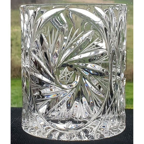 Pinwheel Hand Cut Etched Lead Crystal Vase Candle Holder Poland 4.5" bisquit jar - Picture 2 of 11